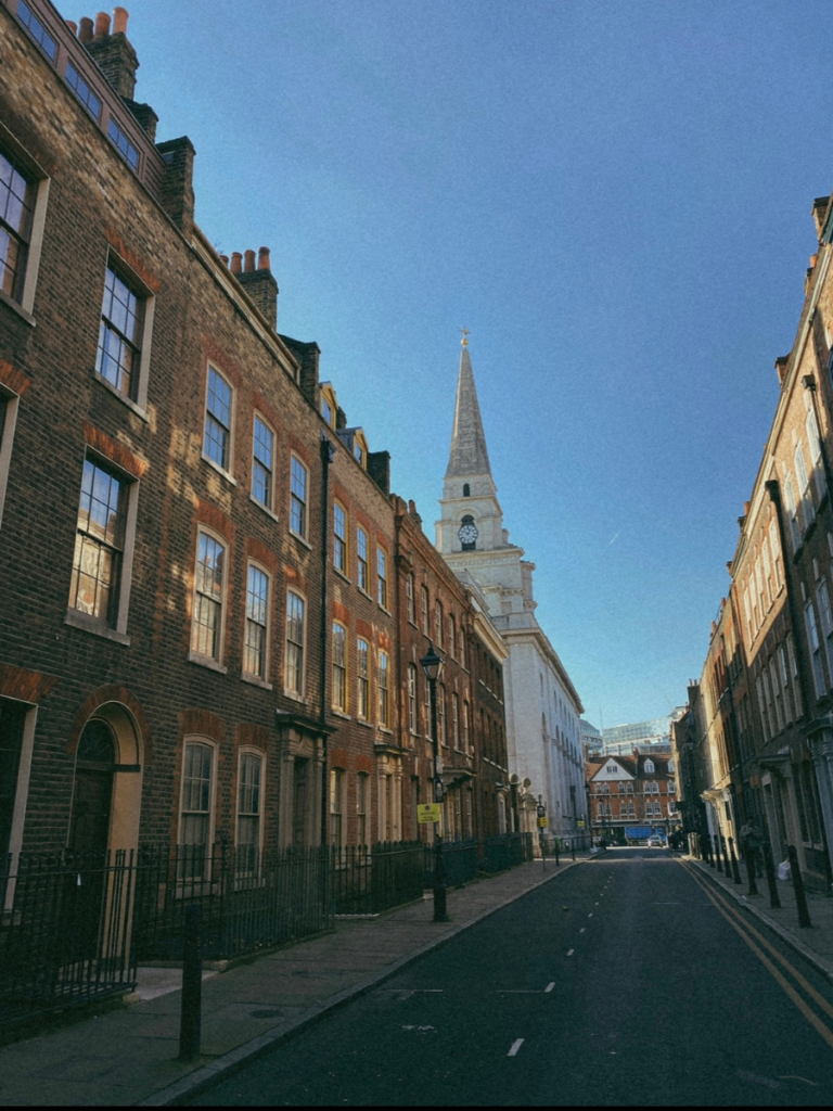 A photogenic row of houses on a street in East London, near to Spitalfields Market. 