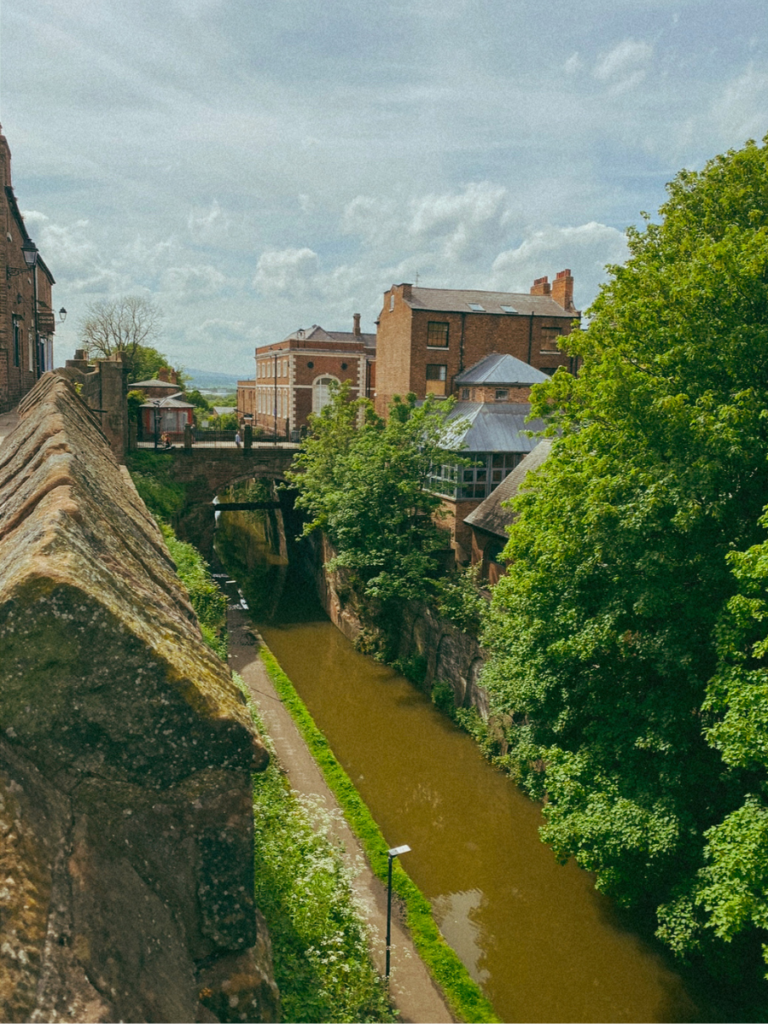 The walls and canal in Chester, Cheshire in the United Kingdom in England. 