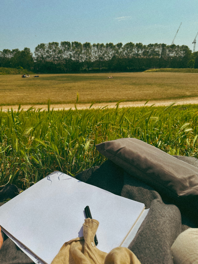 Grey pillows and cushions with an A3 notebook, pen and cream linen shirt nestled into a green open field. 
